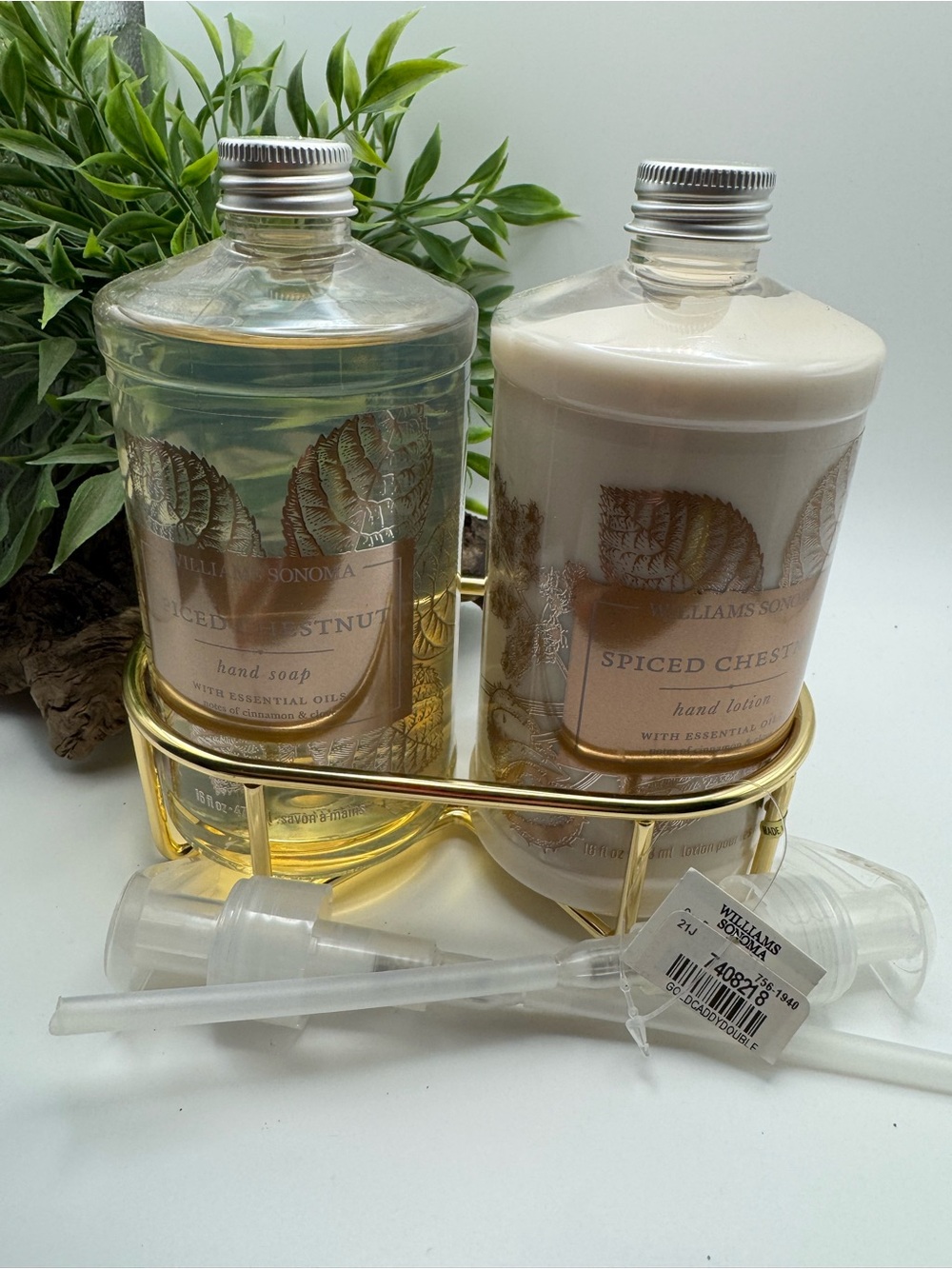 Williams Sonoma spiced chestnut hand soap and lotion set, NWT. With tray & pumps